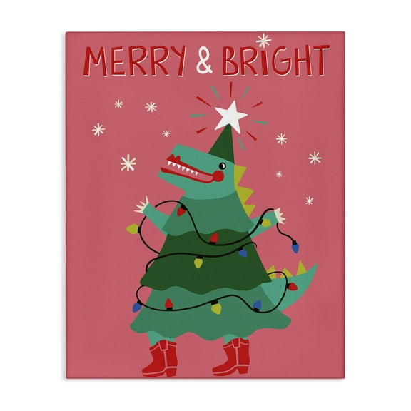 Stupell Industries Merry and Bright Dinosaur Holiday Painting Gallery Wrapped Canvas Art Prints Wall Art, 16 x 20