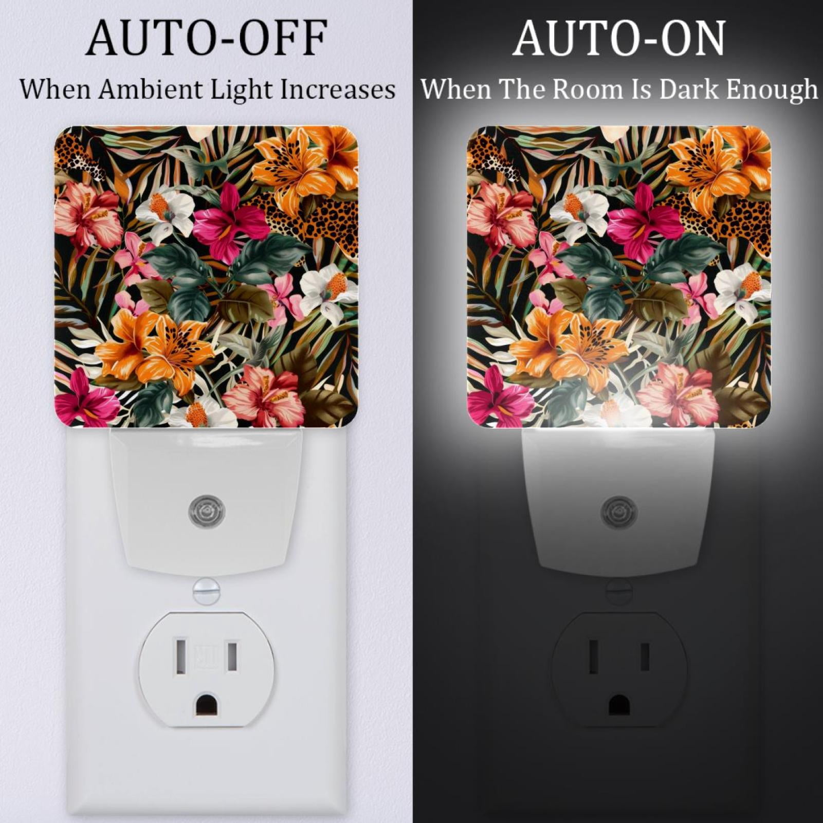 PhooArto Leopard Tropical Flower Pattern Plug in LED Night Light Auto Sensor Dusk to Dawn Decorative Night for Bedroom, Bathroom, Kitchen, Hallway, Stairs, Baby's Room, Energy Saving