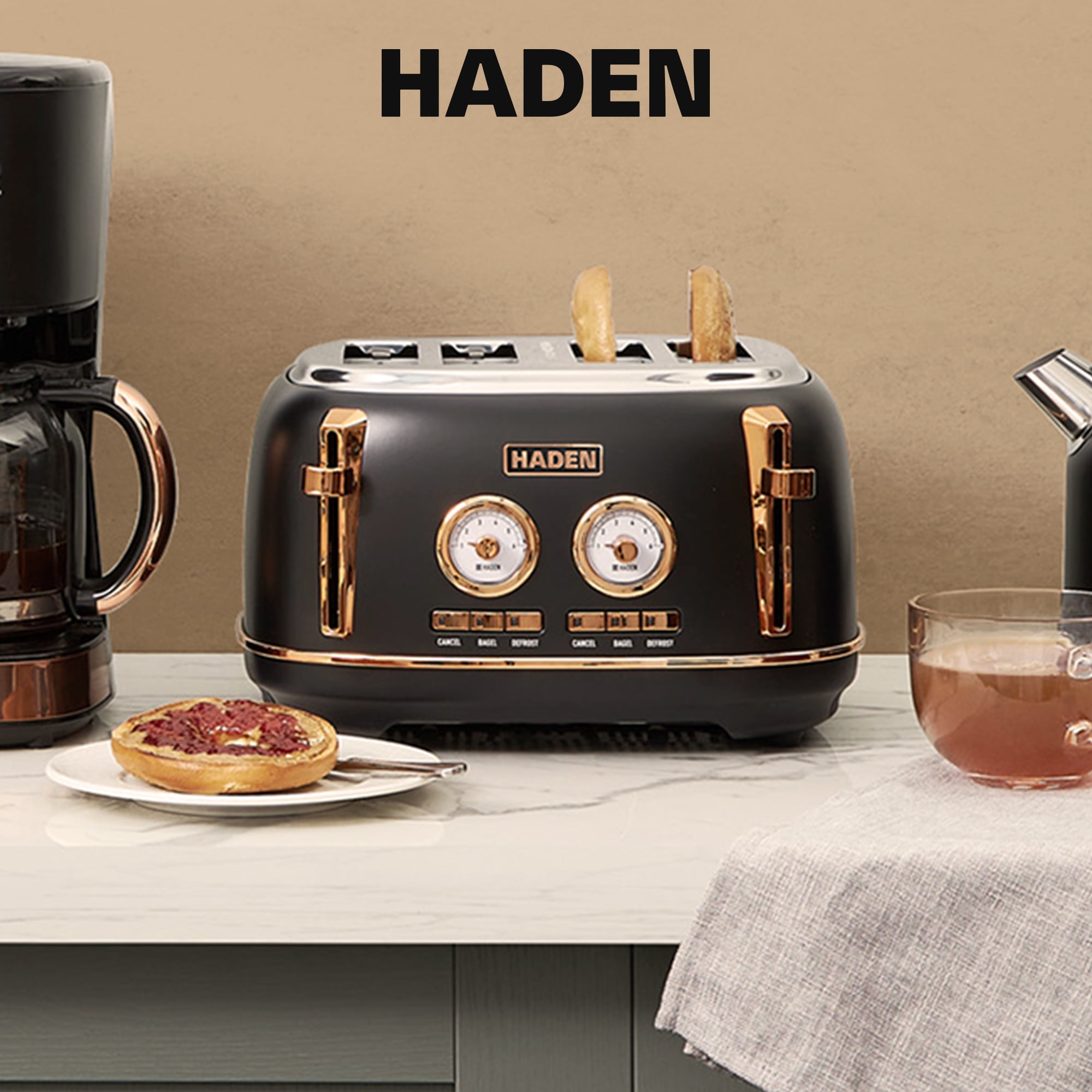 Open Box Haden Dorset 4 Slice Wide Slot Steel Toaster w/ Tray, Black/Copper