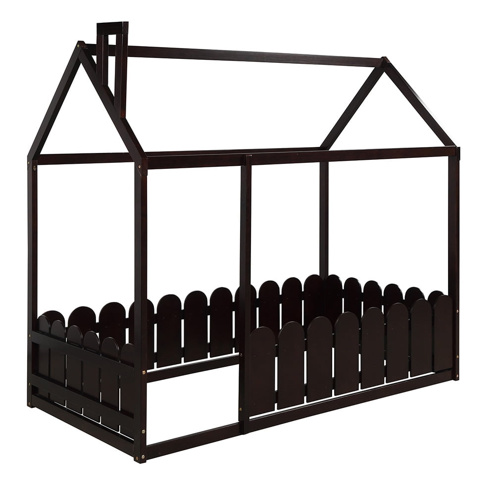 Kepooman Twin Size Wood Bed House Bed Frame with Fence for Kids Teens, 78.7"L x 42.5"W x 70.8"H, Espresso Kepooman Twin Size Wood Bed House Bed Frame with Fence for Kids Teens, 78.7"L x 42.5"W x 70.8"H, Espresso