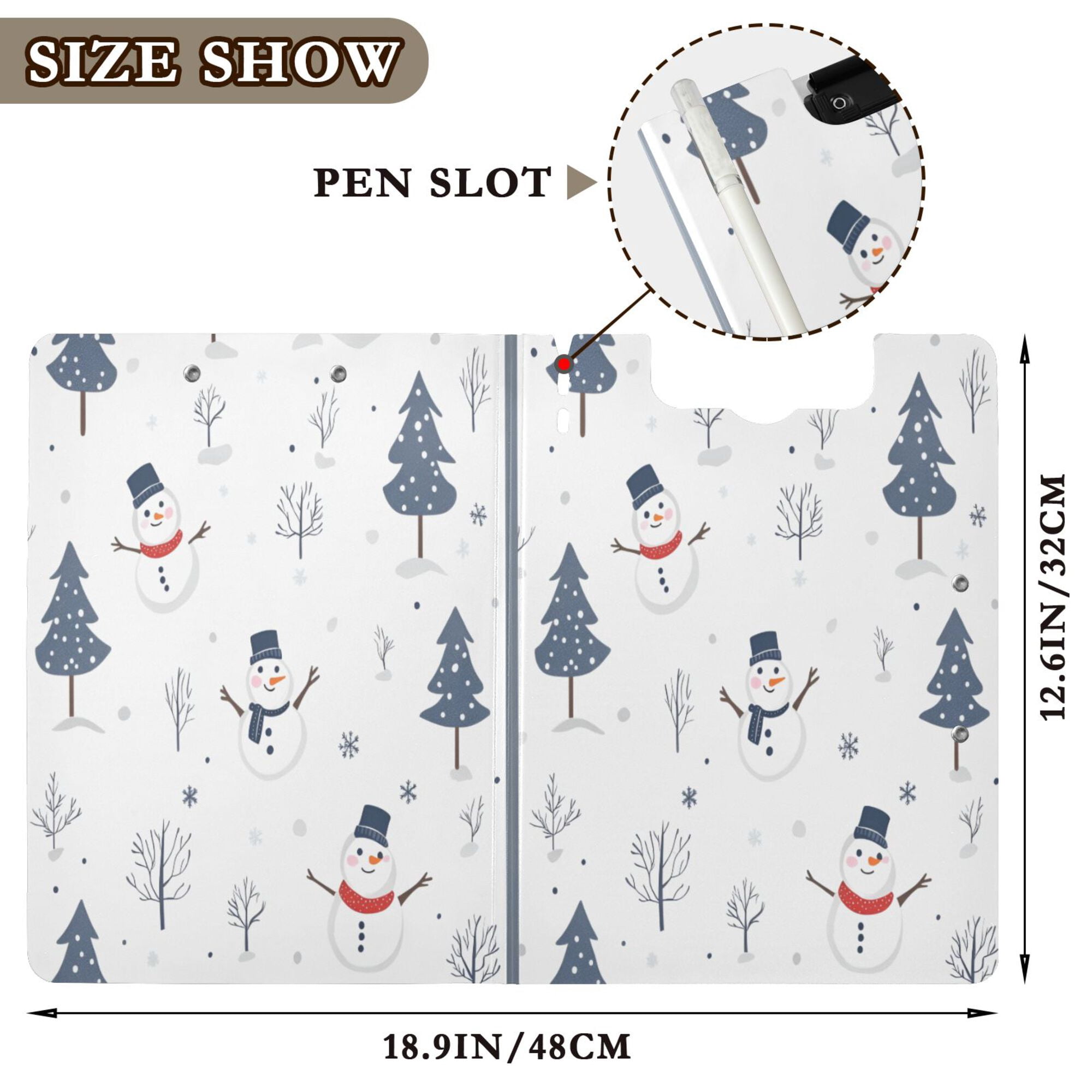FORMRS A4 Clipboard Folder with Pen Holder Horizontal Foldable School Office Binder, Blue Cartoon Snowmen