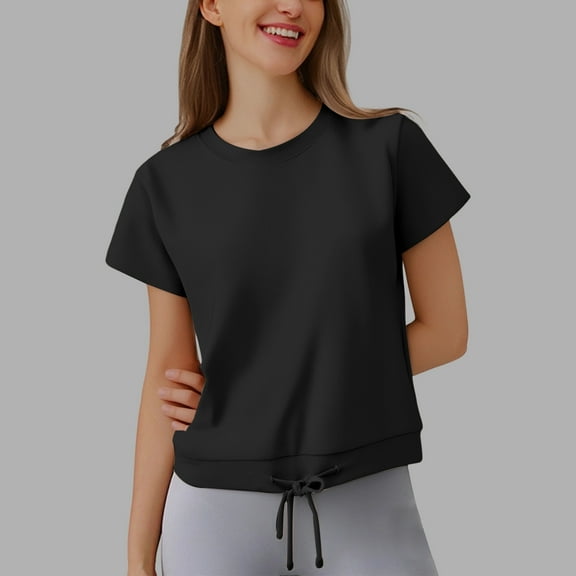 SHITINN Women's Casual Loose Fit Round Neck Short Sleeve T Shirt with Drawstring Hem for Everyday Womens Summer Tops Short Sleeve Clothes for Women Women's Tops