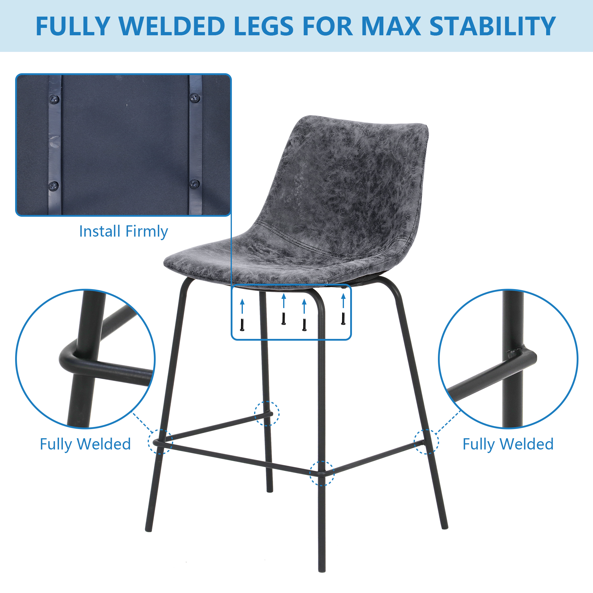 Abble 24 inch Bar Stools Set of 2, Faux Leather Bar Chair Upholstered Low Back Kitchen Counter Height Stools with Sled Base, Floor-Scratch Protection, Charcoal Gray
