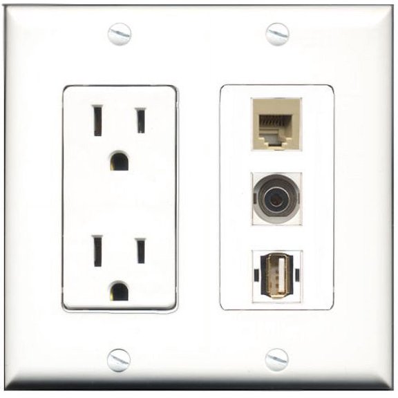 RiteAV - 15 Amp Power Outlet 1 Port USB A-A 1 Port Phone Beige 1 Port 3.5mm Decorative Wall Plate