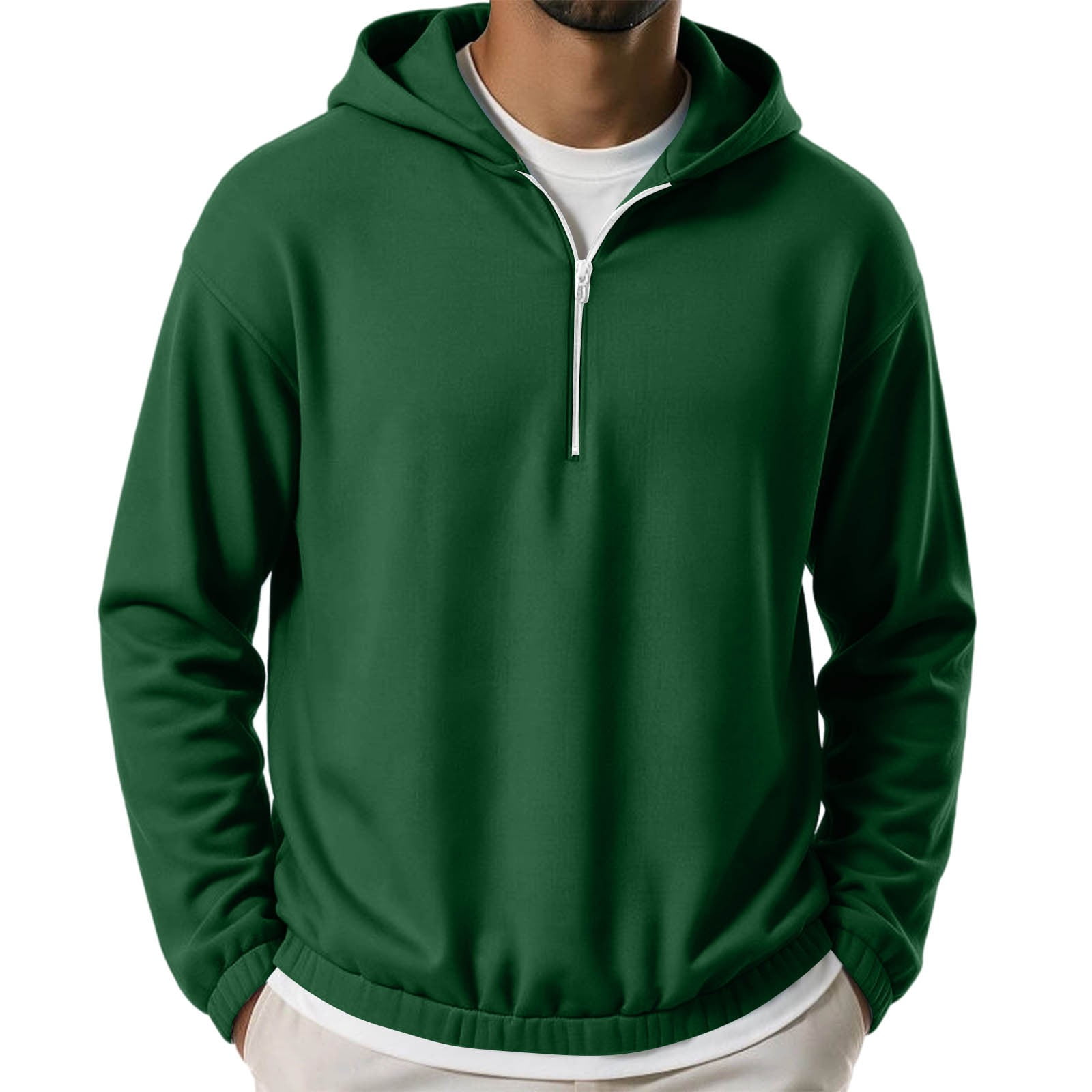 Mens Half Zip Pullover - Hooded Sweatshirt for Men Solid Color Elastic Cuffs & Hem Lightweight Casual Long Sleeve Fall Outerwear Green-a XXL