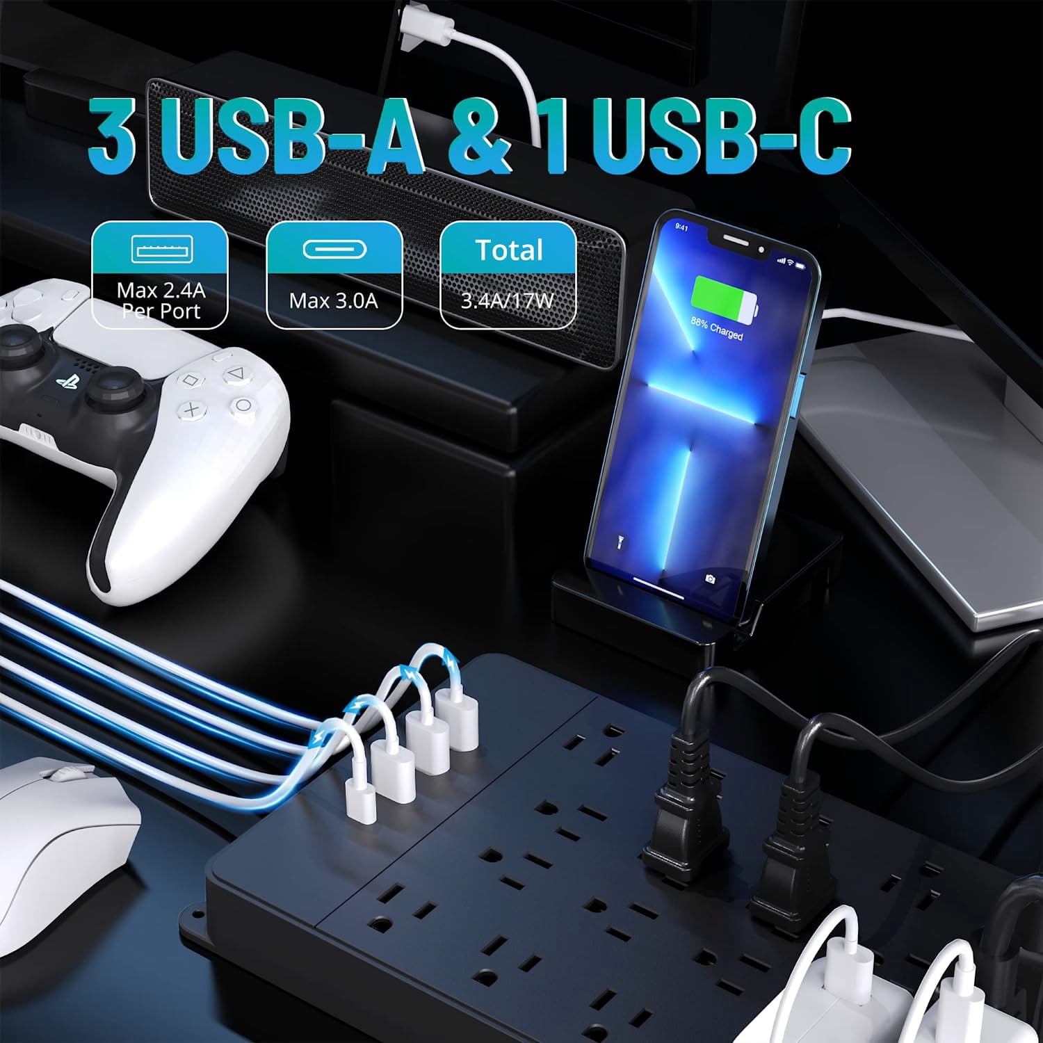 TROND Surge Protector Power Strip with USB C, 10ft Long Extension Cord Multi Plug Outlets, 3 USB-A Ports 1 USB C and 22 AC Outlets 4000J, ETL Listed, Black