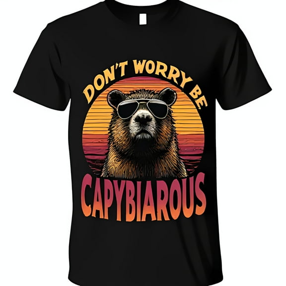 Cool Black T-Shirt with Capybara in Sunglasses & Sunset Graphic Don t Worry Be Capybiarious