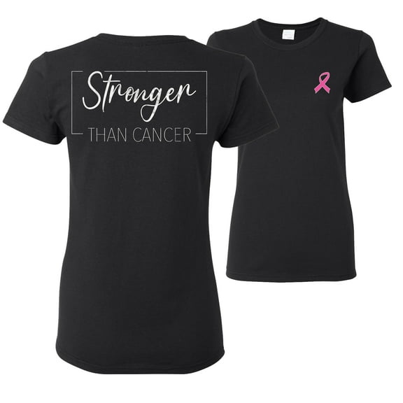 Wild Bobby Stronger Than Cancer Distressed Breast Cancer Awareness Front and Back Womens Graphic T-Shirt, Black, Small