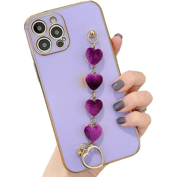 Strap Case for iPhone 14 Pro, Cute Luxury Plating Soft Flexible TPU with Love Heart Chain Bracelet Strap Holder Camera Protection Girly Women for Apple iPhone 14 Pro 6.1'' 2022 (Purple)