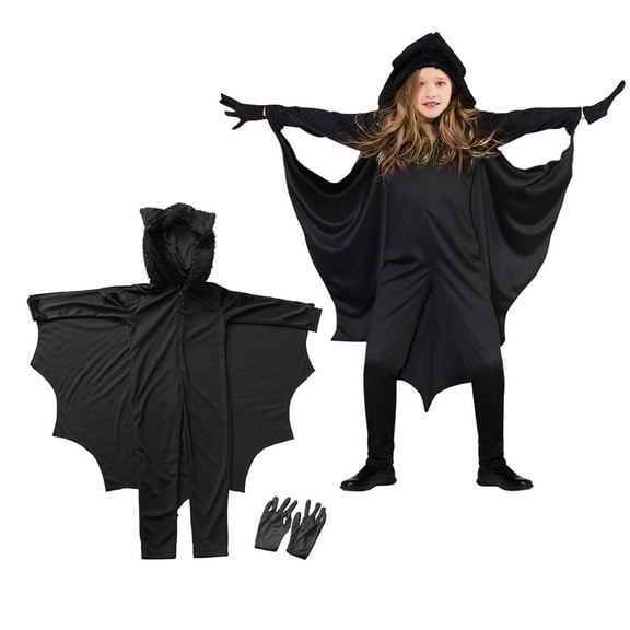 Girls Halloween Bat Romper Jumpsuit With Hooded Cape Outfit For Kids Toddler Party Dress Up Play
