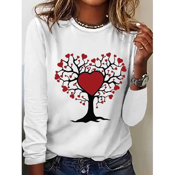 Valentine's Day Women's Heart Tree Graphic Long Sleeve T-Shirt - Casual Round Neck, 100%cotton WhiteCamisetas para mujer, lindas camisetas con estampado gráfico, de manga corta, estilo casual, para ve