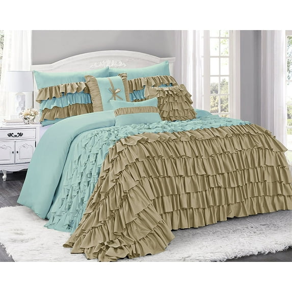 Unique Home 7 Piece BRISE Double Color Clearence Ruffled Comforter Set-Queen King Cal.King Size (Queen, Taupe/Blue)