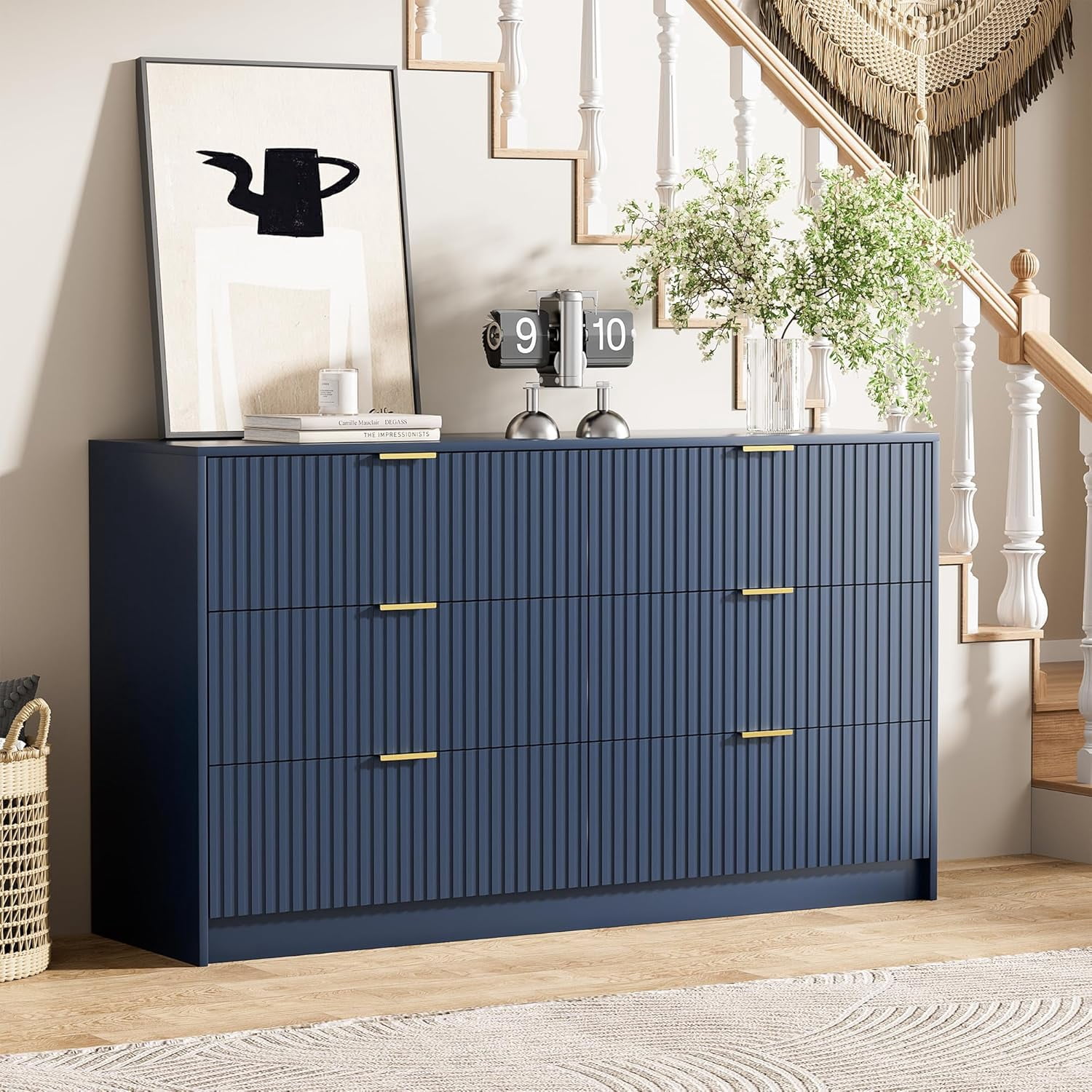 FURNIWAY Blue 6 Drawer Dresser for Bedroom, 55 Inch Wide Modern Chest of Drawers with Fluted Wood Front and Gold Metal Handles for Living Room Hallway