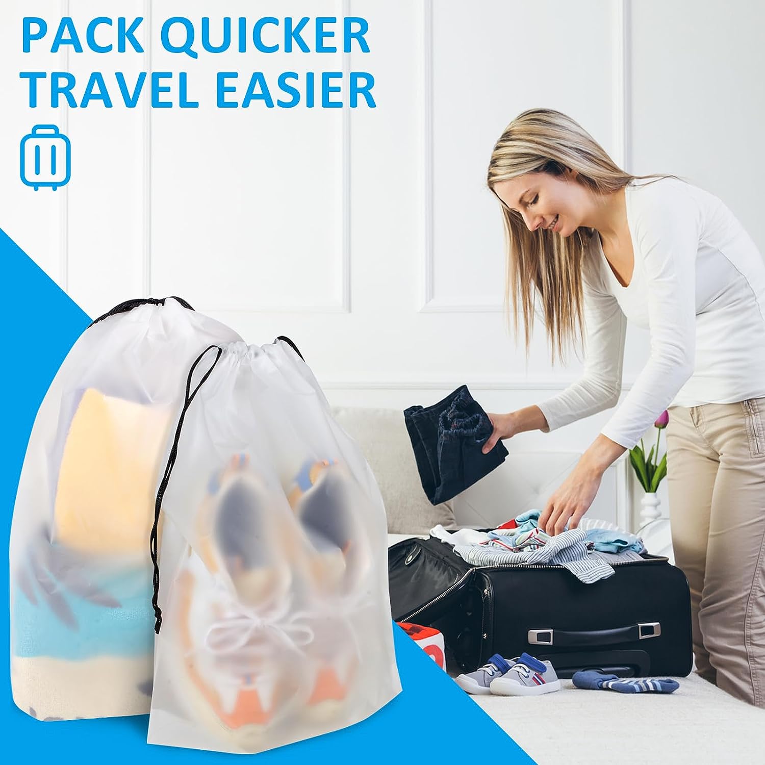 Shoe Bags for Travel, 5 PCS Large Transparent Travel Shoe Bags for Packing, Clear Drawstring Travel Shoe Storage Bag, Portable Shoes Organizer Pouch with Rope for Men and Women （17.3" X 12.6"）