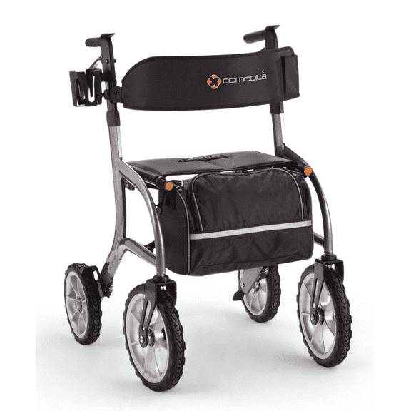 Comodita Siena All Terrain with very large 12" and 10" wheels, with ultra soft solid rugged PU tires, 300 lb weight capacity, recommended for users from 5'4" to 6'5". Metallic Graphite