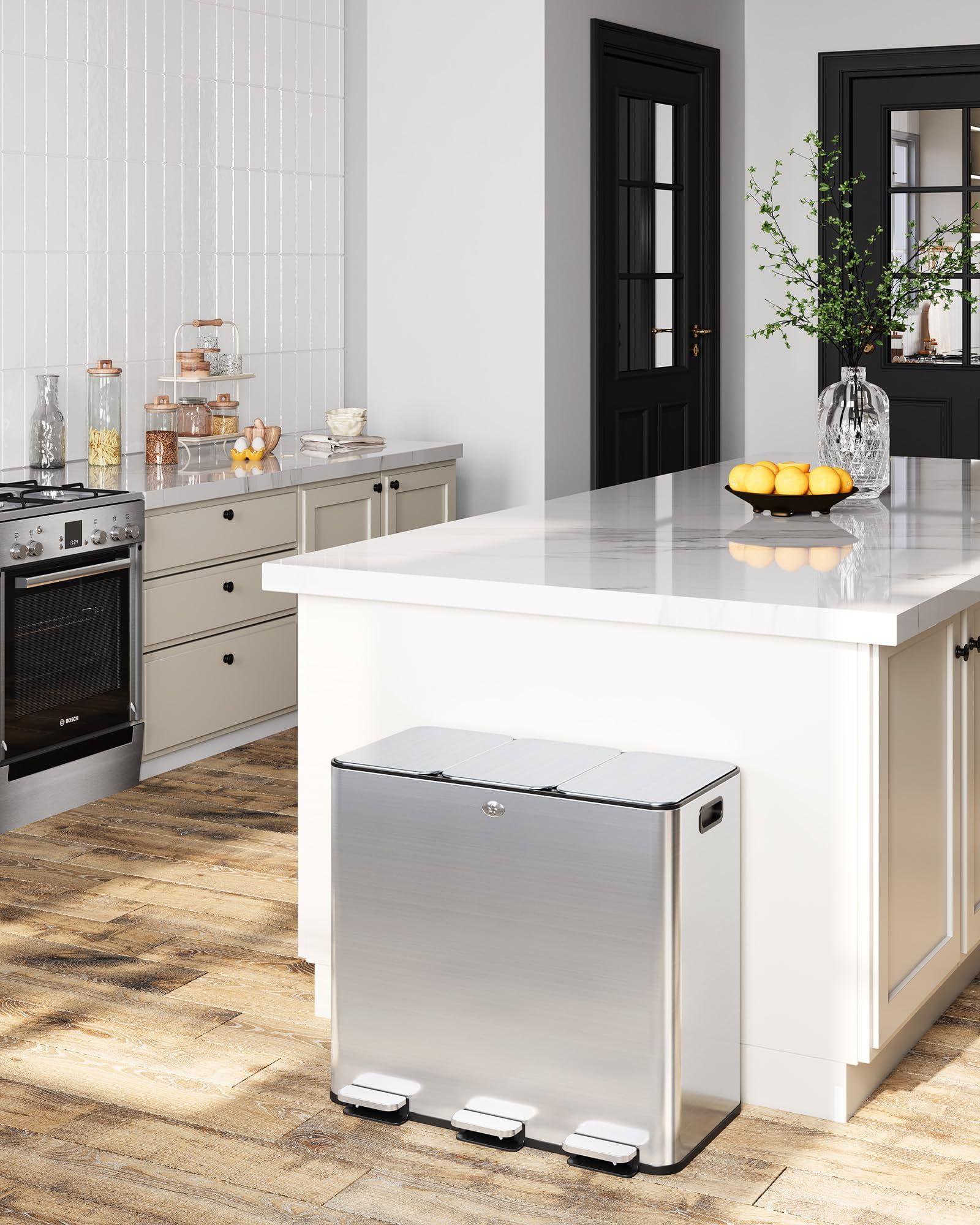 3 x 8 Gallon Kitchen Trash Can,Triple Trash Can with Lid 90 Liters,Stainless Steel 3 Compartment Trash and Recycle Bin Combo with Separated Lid and Foot Pedal Trash Can,Silver,24 Gallon Total