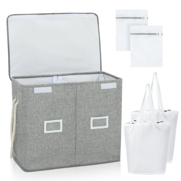 Laundry Basket 96L Collapsible Laundry Basket with Lid Double Laundry Hamper with 2 Removable Laundry Bags Large Clothes Basket Hamper with Handles for Bedroom Laundry Room