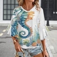 thumbnail image 3 of Marine Life Seahorse Women's V-Neck Blouse With 3/4 Ruffled Bell Sleeves Casual Top Ladies Blouses, 3 of 7