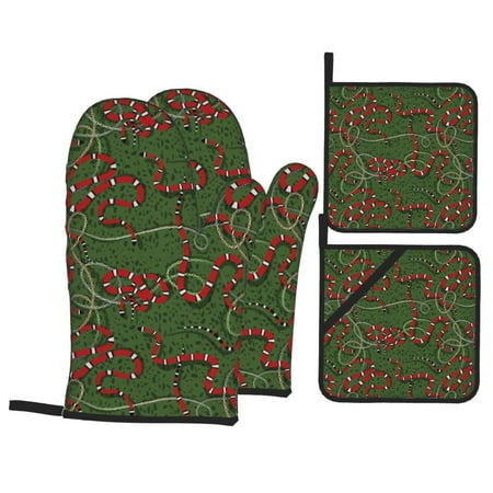 

Oven Mitts and Pot Holders Sets 4 pcs - Artistic Chain Red Funny Snake Heat Resistant Silicone Oven Gloves with Non-Slip Silicone Surface and hot pads for kitchen Baking Cooking BBQ