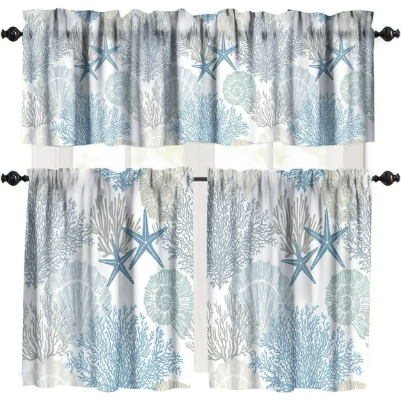 Coastal Curtain Valance Treatment Tires,Nautical Summer Starfish Coral Shells Blue Beach Kitchen Window Curtain Valance 3 Piece Rod Pocket Home Decor Treatment Tires 54x18in 27x36in x2 inch