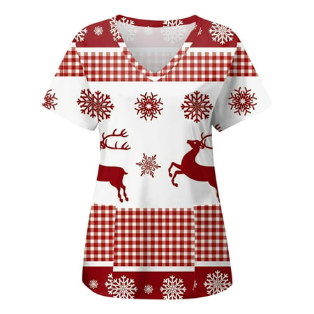

Plus Size Tops for Women Crop Tops Women s Tops Short Sleeve V-Neck Christmas Printed Workwear Tops with Pockets Blouse T Shirts for Women Valentines Day Shirts Women on Sale Clearance White M