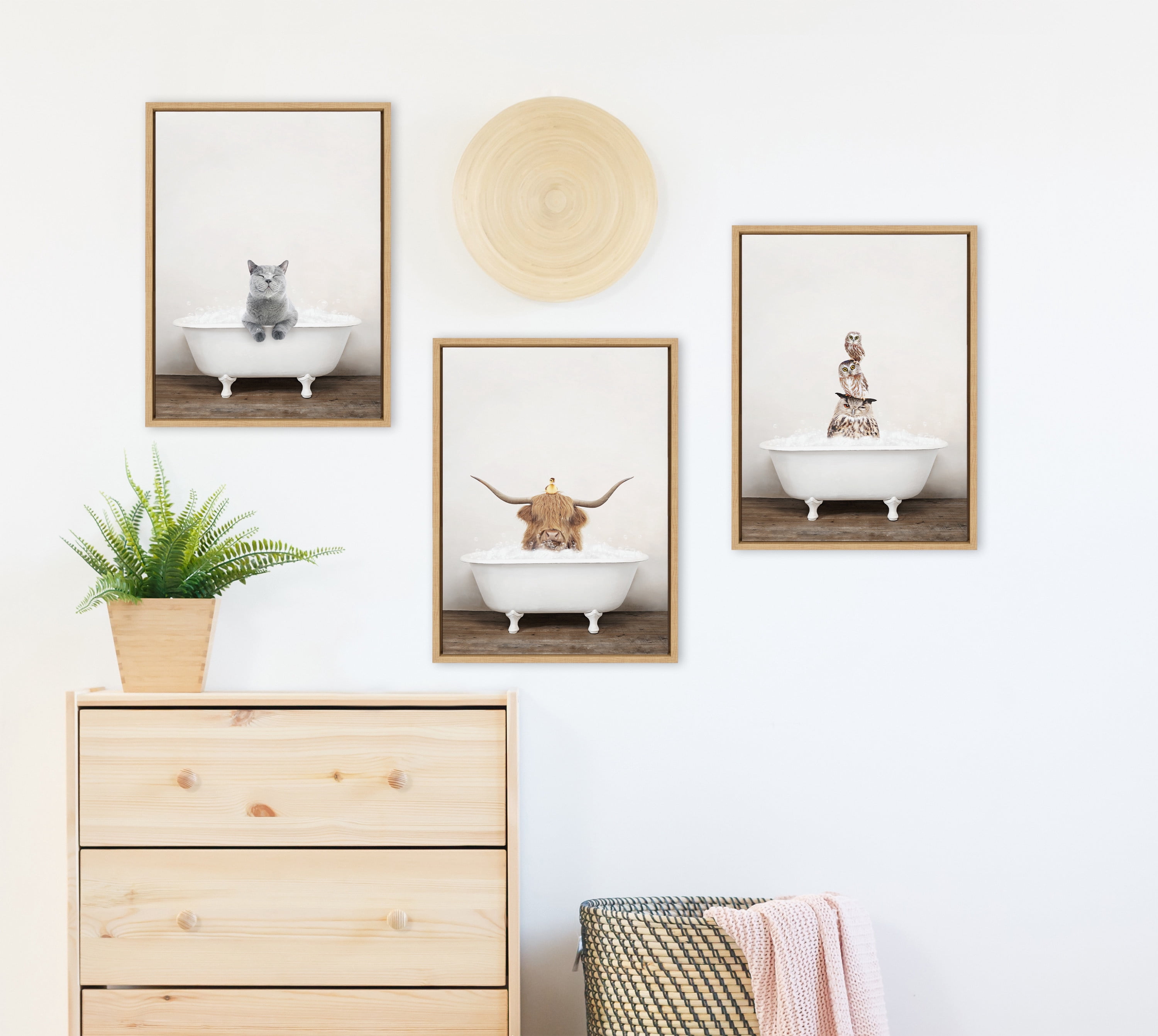 Kate and Laurel Sylvie Highland Cow and Duckling in Rustic Bath Framed Canvas Wall Art by Amy Peterson Art Studio, 18x24 Natural, Modern Fun Decorative Bathtub Wall Art for Home Décor
