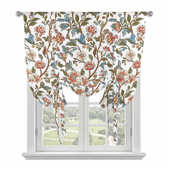 Retro Flowers Tie Up Curtain for Window, Red Vintage Floral Branch Adjustable Tie Up Balloon Curtain Valances Rod Pocket Window Treatment for Kitchen Bathroom Bedroom 34"x45"