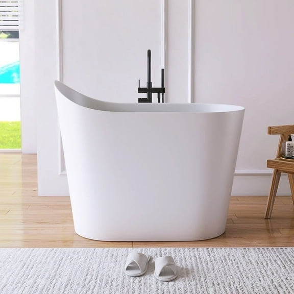 MEDUNJESS 43" Premium Freestanding Solid Surface Resin Stone Small Bathtub, Modern Design Japanese Freestanding Tub with Pop-up Drain and Overflow, Matte White