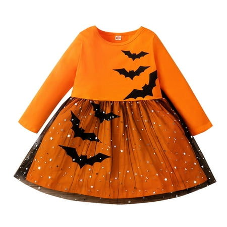 

Sobgg25 Toddler Kids Girls Long Sleeve Cartoon Prints Mesh Tulle Princess Dress