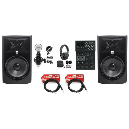 2) JBL 308P MkII 8" Studio Monitors+USB Interface Mixer+Headphones+Condenser Mic