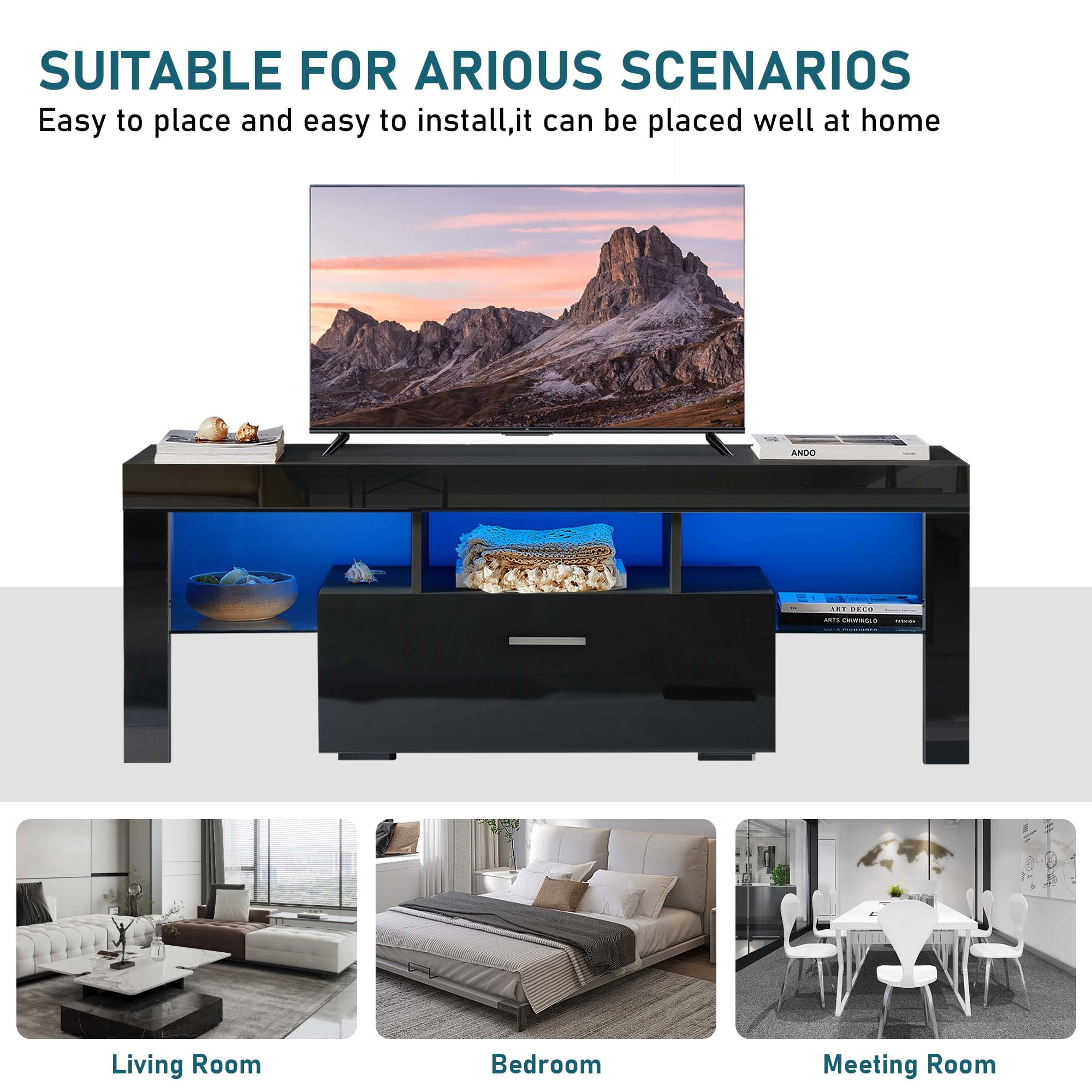 Aukfa LED  TV Stand for TVs up to 60", Storage TV Cabinet for Living Room - Black