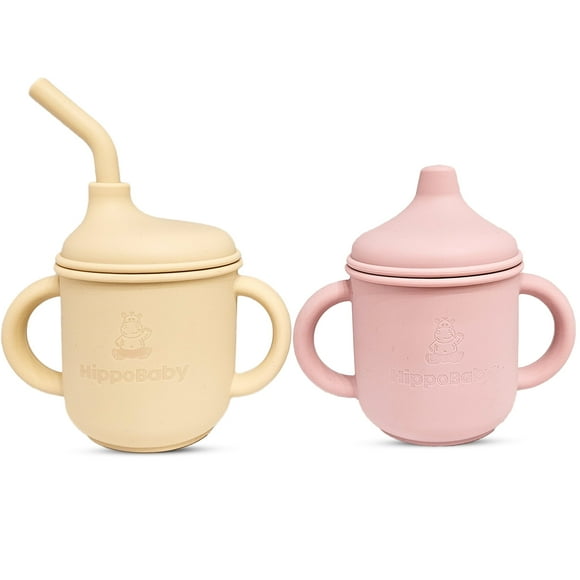Paquete de 2 Vasos de Silicona con Pajitas para Bebés y Niños Pequeños (Color Crema/cuarzo Rosa)