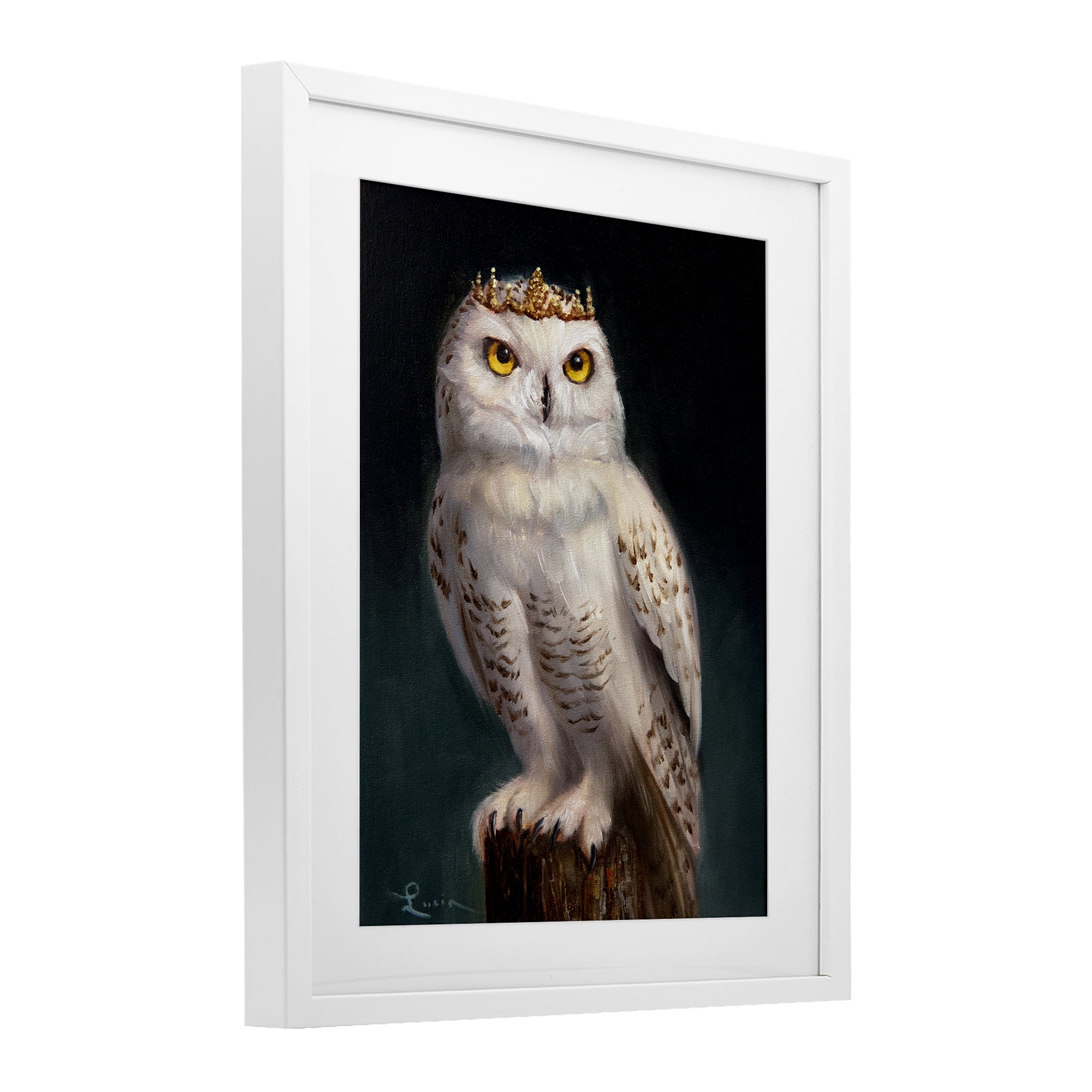 Snowy Owl King White Framed Print Under Glass, design by Lucia Heffernan