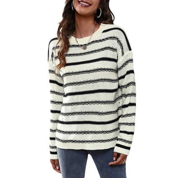 hirigin Women Knit Striped Sweater Casual Loose Fluffy Long Sleeves Pullover Knitwear Tops Streetwear