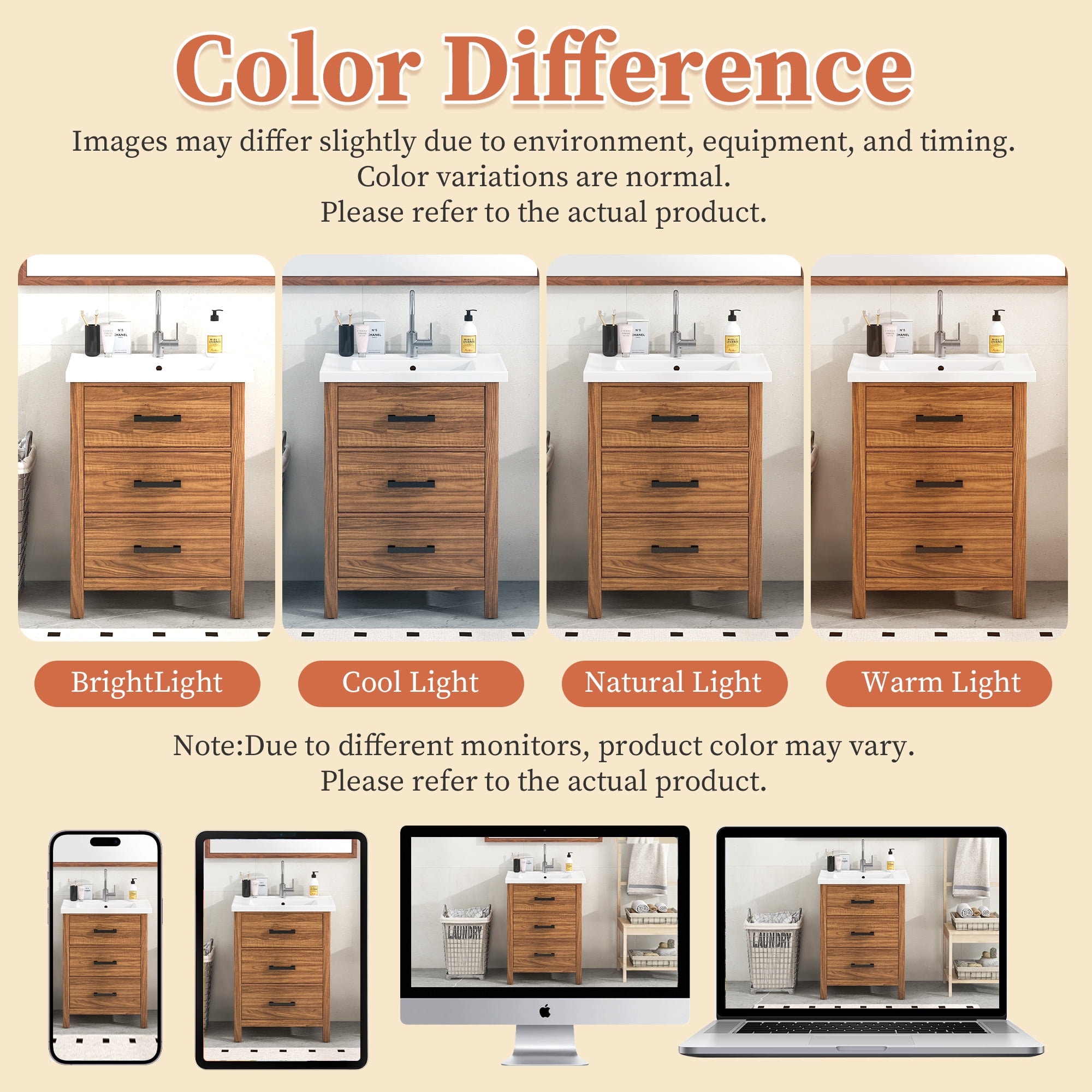 Euroco 24'' Bathroom Vanity with Ceramic Basin Sink, Modern Bathroom Storage Cabinet with 3 Drawers, Freestanding Bathroom Vanity Cabinet with Single Sink