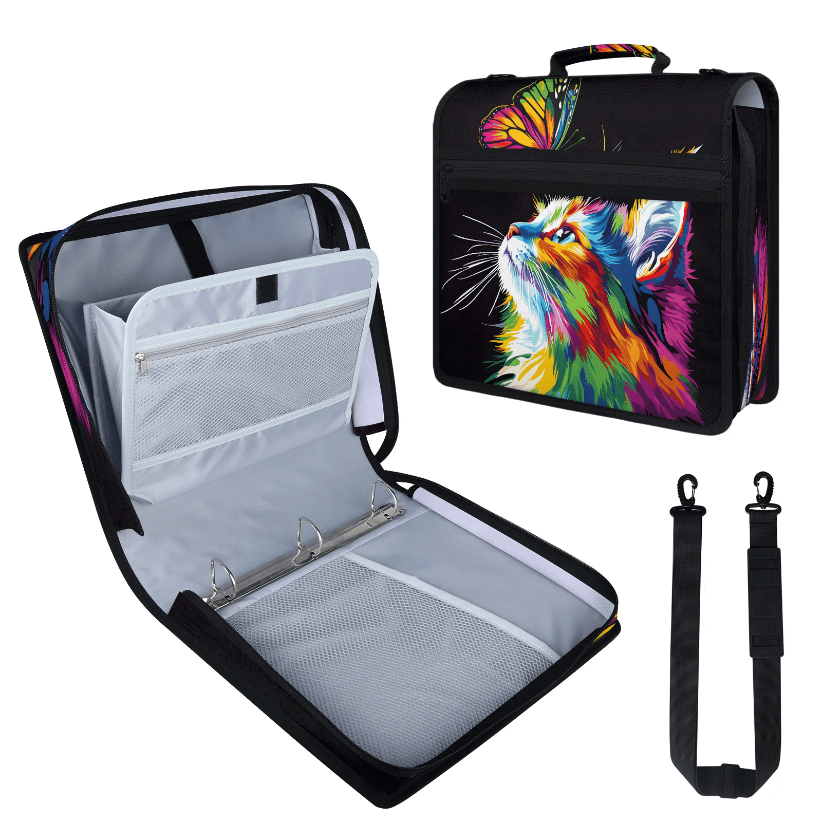 Herdesigns Cat Zipper Binder with Shoulder Strap, Waterproof 1.5 Inch 3 D-Ring Binder Organizer Bag, Fits 13 Inch Laptop for Work, Butterfly