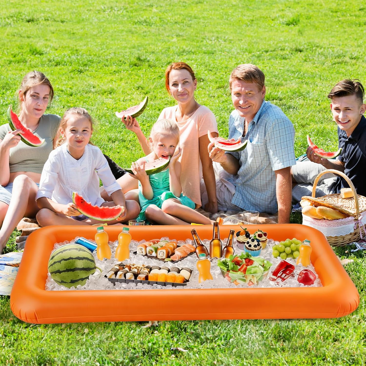 Large Inflatable Ice Serving Bar for Food, Drinks, Salad, Floating Buffet Cooler Tray with Drain Plug for Pool Party, BBQ, Picnic, Camping, Beach, and Outdoor Supplies