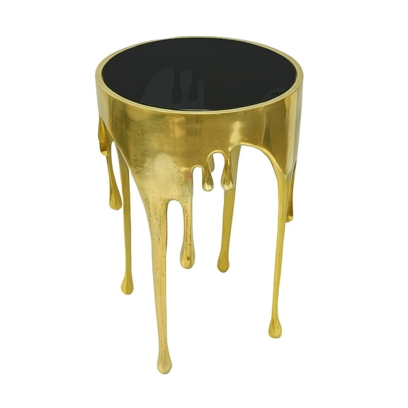 Capri Side End Table | 24.75 Inch Round Glass Top | Melting Drip Design | Antique Gold Brass