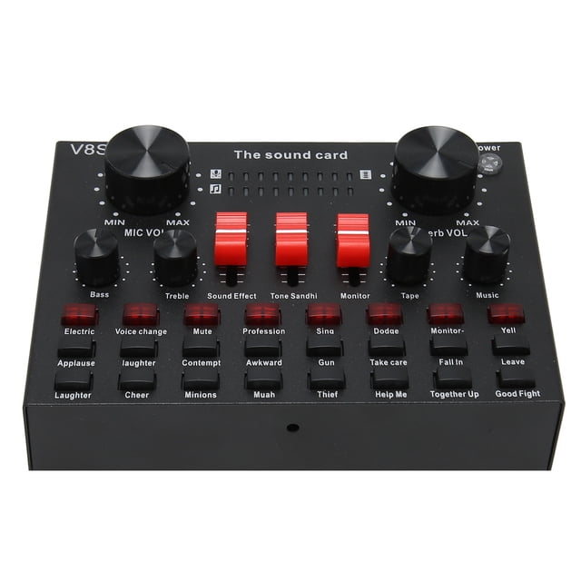 Tarjeta de sonido Bluetooth en vivo, 8 modos, cambiador de voz, mezclador de sonido con 16 efectos de sonido para karaoke en vivo, color negro
