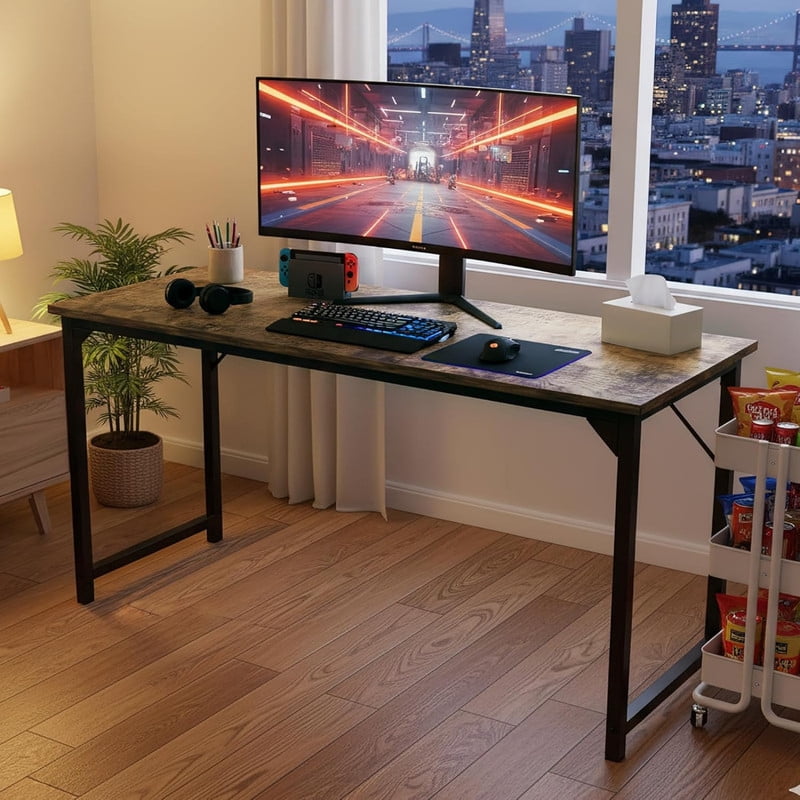 Kelno 63" Computer Desk Gaming Table Home Office Writing Study Workstation with Sturdy Metal Frame, Rustic Brown