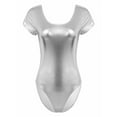 thumbnail image 5 of ZDHoor Women's Shiny Metallic PVC Leather Ballet Leotard Gymnastics Bodysuit Short Sleeve Unitard Tops Silver S, 5 of 7
