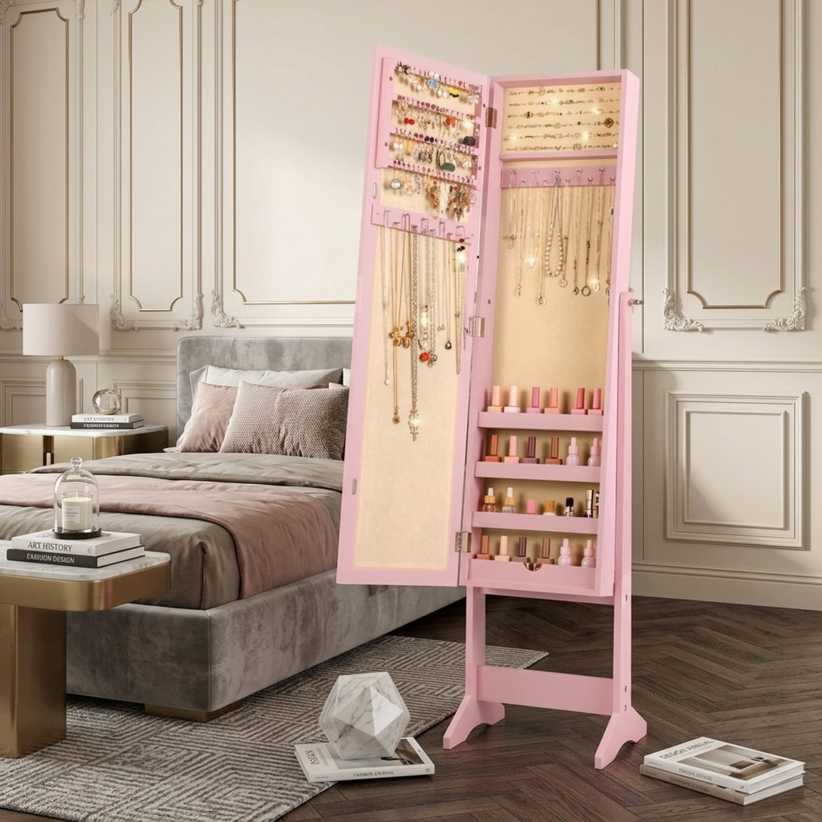 Furnibear Mirrored Standing Jewelry Cabinet Storage Box for Bedroom Dressing Room Jewelry Necklace Rings Storage Mirror, Pink