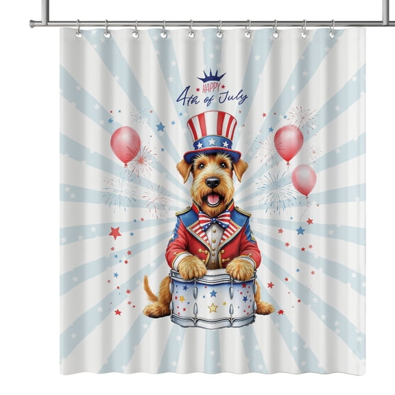 Happy 4th of July Patriotic Airedale Terrier Marching Band Uniform Balloons Fireworks Shower Curtain Dale Waterside Dog Lover Waterproof Bathroom Bathtub Curtain - 13009