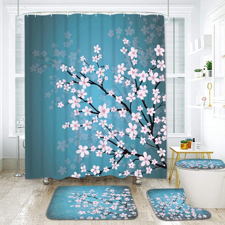 FRAMICS Blue Shower Curtain and Rug Sets, Japan Cherry Blossom Pattern  Polyester Bathroom Decor Set, Waterproof Shower Curtain with 12 Hooks and  Toilet Rugs - W…