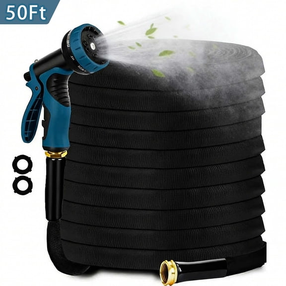 50Ft Non-Expandable Garden Hose, Flexible Water Hose with 10-Pattern Spray Nozzle, Lightweight Hose Pipe, Kink-Free, Leak-Proof, 3/4" Solid Metal Fittings