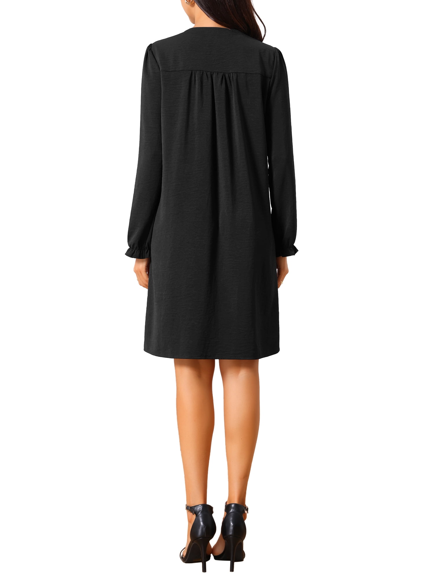DARING DIVA Women's Casual Knee Length V Neck Pleated Flowy Shirt Dress XL Black