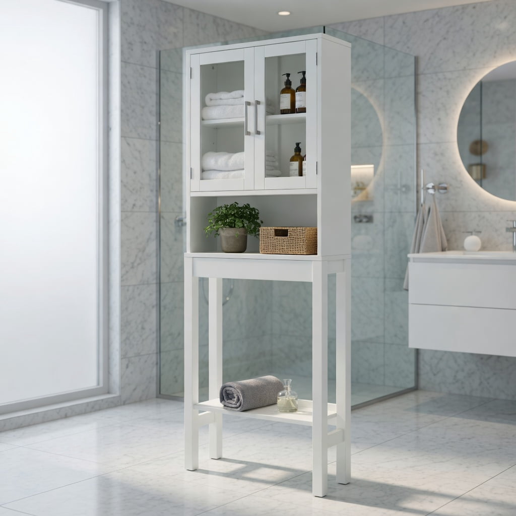 Hommoo Over the Toilet Storage Cabinet with Tempered Glass Doors, Bathroom Space Saver, Adjustable Shelf, Wall-Safe Anti-Tip Design, White