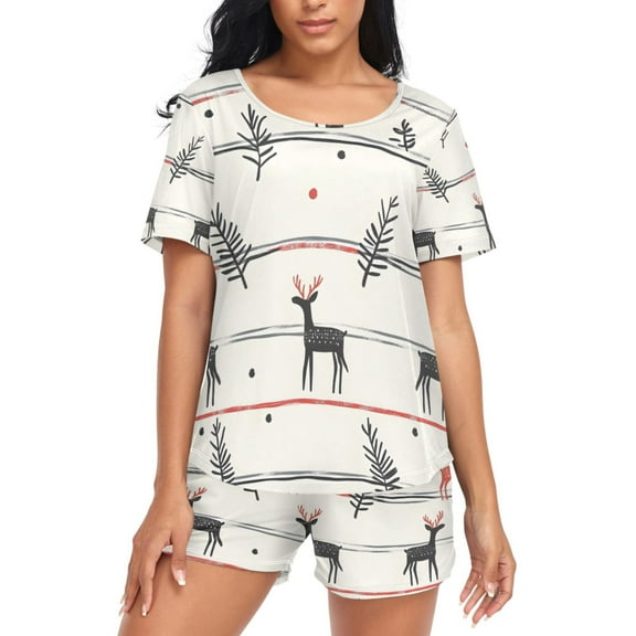 joogoo Women's Pajama Set Bohomia Christmas Reindeer Short Sleepwear Loungewear with Pockets M