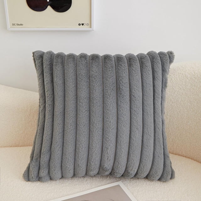 Granjero Gordo Almohada de tiras verticales de piel de conejo para otoño e invierno, cojín decorativo para sofá, dormitorio, soporte lumbar de 18 x 18 pulgadas (gris)