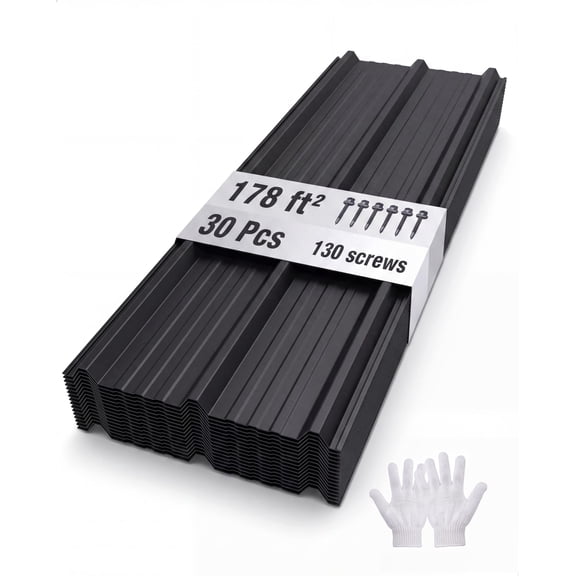 Ribbed Metal Roofing Panels, 178 sq, 43.3'' L x 19.7'' W, 30 Pcs, Black
